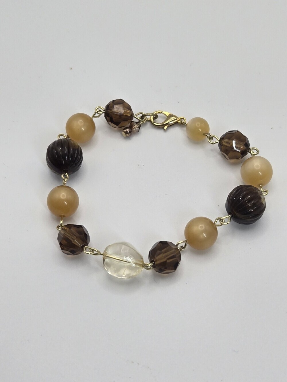 Earth Tone Beaded Clasp Bracelet Artisan Made Faceted Beading Gold Tone Clasp